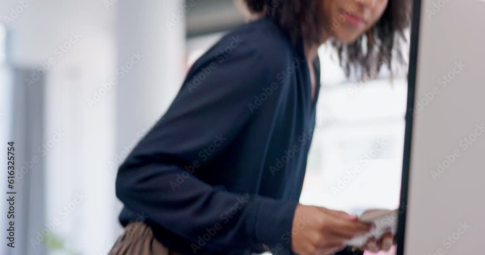 Poster woman, tablet and creative designer in office for business, working and typing email in startup. tec