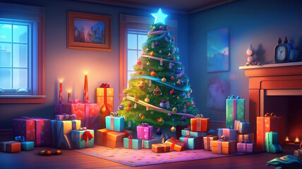 Holidays background with illuminated Christmas tree, gifts and decoration. Generative Ai