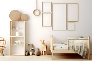 Fototapeta na wymiar Mock up frame in children room with natural wooden furniture, Scandinavian style interior background, 3D render 