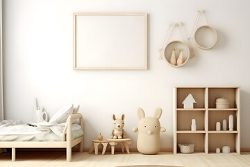 Mock up frame in children room with natural wooden furniture, Scandinavian style interior background, 3D render 