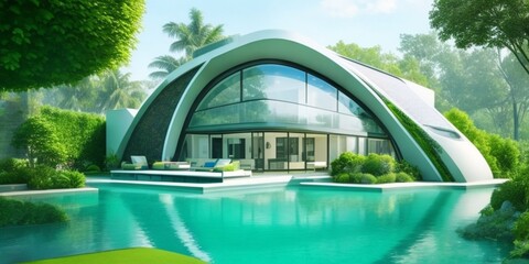 Obraz na płótnie Canvas Generative Ai, Futuristic house with pool, trees, plants