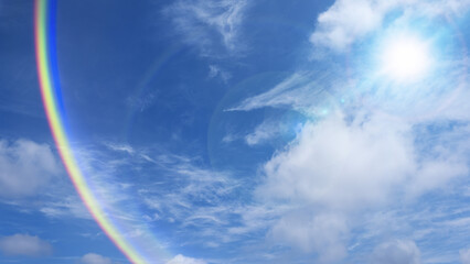 春、初夏、夏のさわやかな晴天の青空 猛暑の太陽の強い日差し　レンズフレアと七色のゴースト　真夏・夏休み・ゴールデンウィーク・日焼け・観光・旅行・アウトドア・洗濯のイメージ背景