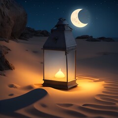a unique lantern in the middle of the desert, suitable for backgrounds, especially Islamic celebration backgrounds