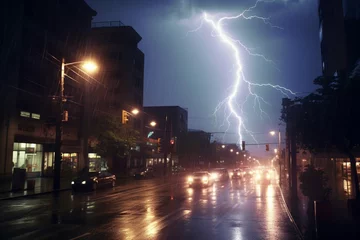 Fotobehang 激しい降雨と雷が光る夜の街：AI生成画像 © Kinapi