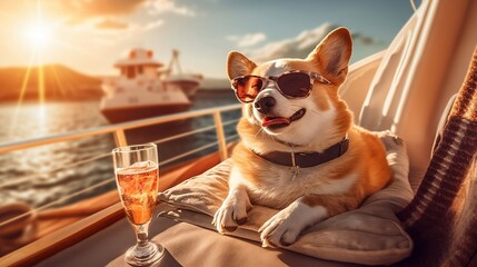 Sunny Days with a Stylish Corgi: Dog with Sunglasses Enjoying a Cocktail on a Yacht