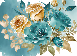 Teal and Gold Watercolor Roses Generative Ai