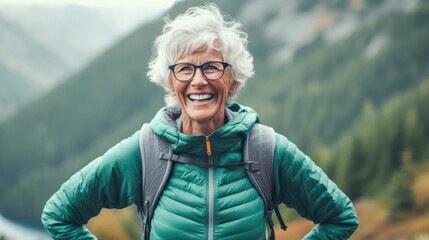 energetic mature senior woman hiking portrait in wilderness on overcast day, created with Generative AI - 616328304