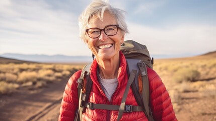 Naklejka premium energetic mature senior woman hiking portrait in wilderness wearing glasses and backpack, created with Generative AI