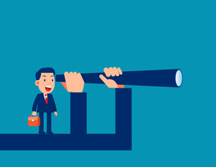 Business person on the giant's arm to look into the distance. Business vector illustration