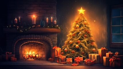 Christmas tree and holidays present on fireplace background. Generative Ai