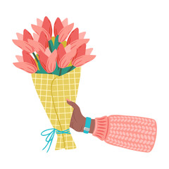 Bouquet of flowers in hands. Illustration of hand holding flowers. Design element for greeting card, invitation, print, sticker. Illustration for birthday, mother's day, valentine's and woman's day.