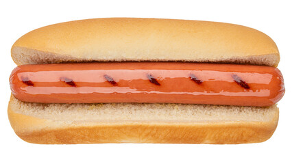 Hot Dog. Classic Hot Dog bun with pork or beef sausage, wiener or frankfurter without mustard, ketchup. Traditional American US or USA fast food. Grilled Hot Dog on July 4 Independence Day America