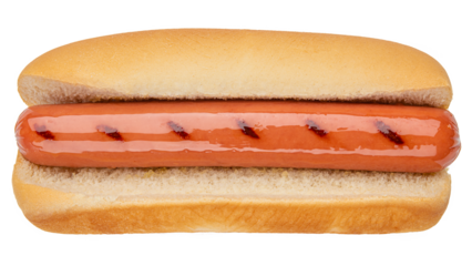 Hot Dog. Classic Hot Dog bun with pork or beef sausage, wiener or frankfurter without mustard, ketchup. Traditional American US or USA fast food. Grilled Hot Dog on July 4 Independence Day America