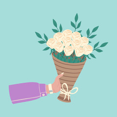 Bouquet of flowers in hands. Illustration of hand holding flowers. Design element for greeting card, invitation, print, sticker. Illustration for birthday, mother's day, valentine's and woman's day.