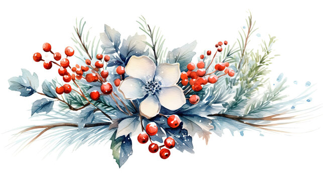 recommend clip art: Watercolor Winter Christmas bouquet with foliage, flowers, and berries. Generative Ai