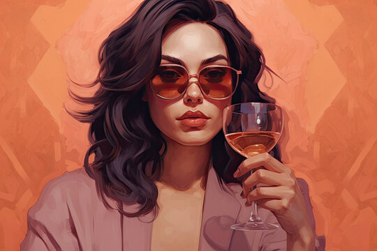 Beautiful woman dressed in pink and amber holds a glass in her hand created with Generative AI technology