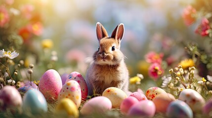 Pink cute rabbit in the grass on a flower meadow and colorful painted eggs on a sunny day