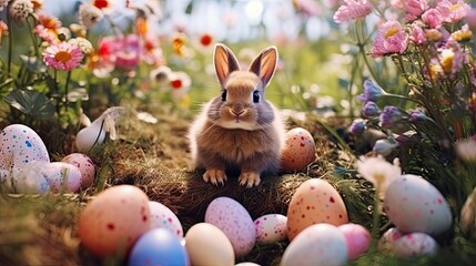 Pink cute rabbit in the grass on a flower meadow and colorful painted eggs on a sunny day