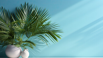 Minimalist Blue Living Room with Clean Design and Potted Plants Minimalist living room, potted plant, and clean blue wall