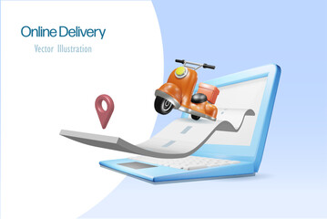 Online delivery service, online shopping. Scooter driving on road from computer. Logistics and distribution shipment for e commerce. 3D vector.