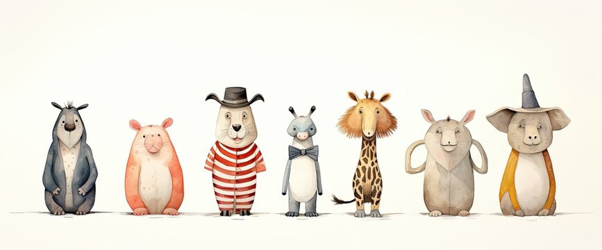 Soft watercolor collection of fun and whimsical animal illustrations. Each illustration features a row of adorable creatures with vibrant stripes and shapes.