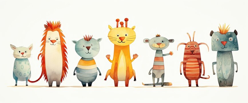 Soft watercolor collection of fun and whimsical animal illustrations. Each illustration features a row of adorable creatures with vibrant stripes and shapes.
