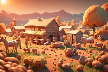 Fotobehang A 3D render of a vibrant farm and warm lighting. The scene depicts people working on various tasks on the farm.  © Awang Awang AI