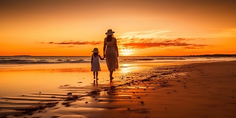 Fototapeta premium Mother with her daughter enjoying the beautiful orange sun