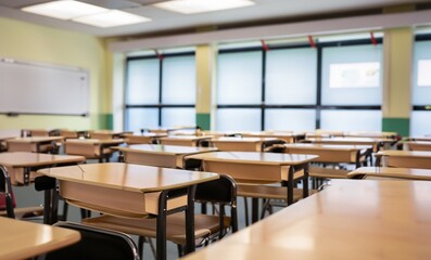 classroom at school, school classroom without students with empty chairs and tables, wallpaper, Business conference room, background, Empty defocused university classroom, Ai Generate 