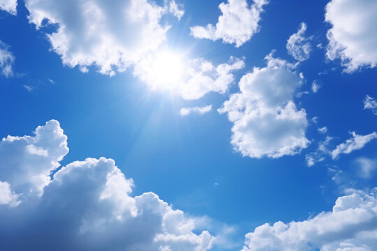 雲が広がる青空と輝く太陽：AI生成画像