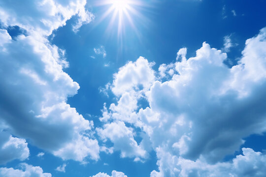 雲が広がる青空と輝く太陽：AI生成画像