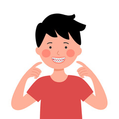 Boy child with dental braces in flat design on white background. Orthodontic teeth concept vector illustration.