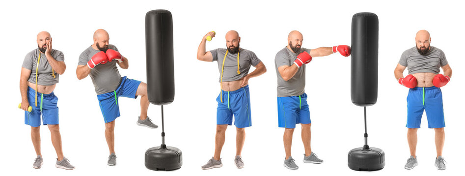 Annoyed Overweight Man With Measuring Tape And Dumbbell On White Background. Weight Loss Concept