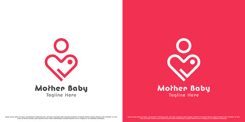 Breastfeeding mother logo design illustration. Flat silhouette simple modern creative love mother son heart parents family caring affection. Suitable for parent care mother care web app icon symbol.