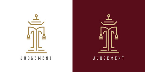 Judgment court logo design illustration. Simple flat silhouette geometric shape minimalist creative modern justice punishment judgment court. Suit for notary lawyer judge legal business icon symbol. - obrazy, fototapety, plakaty