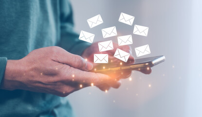 email and document concept, businessman  using mobile smart phone reviewing reading sending email to clients, business promotion, online document, social distancing practice, online communication
