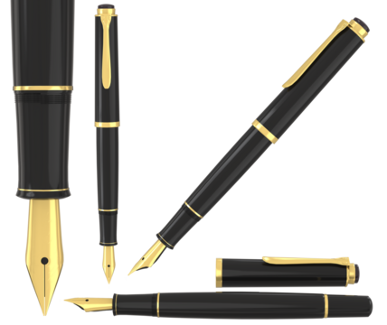 Black Fountain writing pen isolated. Png transparency