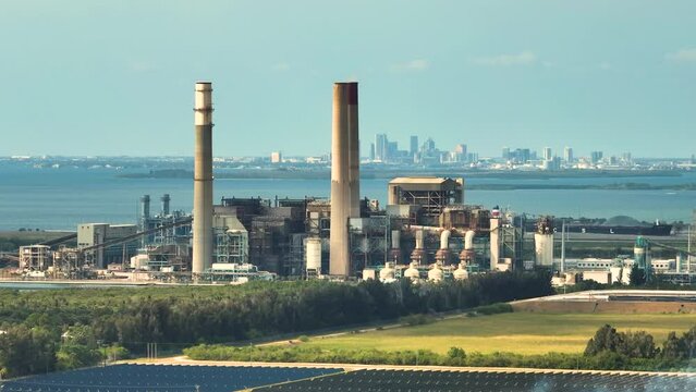 View from above of large thermal Big Bend power plant in Apollo Beach near Tampa, Florida. Coal used as fossil fuel for electric enegry production in american grid