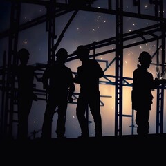 silhouette of workers against a backdrop of steel beams