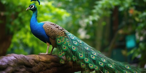 Naklejka premium Peacock perched in front of a beautiful background