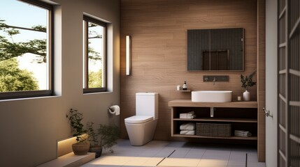 Fototapeta na wymiar Generative AI Minimal interior design bathroom with beige cozy tone style, decorate with wooden decor, bathtub, sink