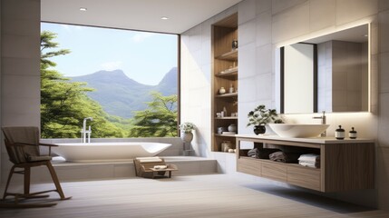 Generative AI Minimal interior design bathroom with beige cozy tone style, decorate with wooden decor, bathtub, sink