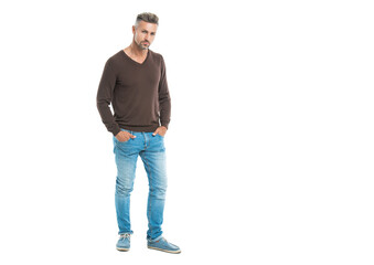 Fototapeta premium urban mature man with trendy menswear for everyday life, banner. handsome man in a casual menswear in studio. well looking man in casual style menswear. Man wearing casual menswear isolated on white