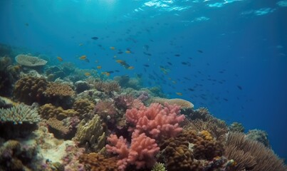 Naklejka na ściany i meble Splendid underwater view of a diver exploring coral reef Creating using generative AI tools