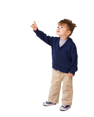 Thinking, child pointing and reaching isolated on a transparent png background, grab in wonder....