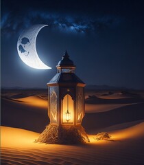 A lantern in the middle of the desert, perfect for an Islamic background