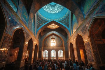 Fototapeta premium Stunning Mosque with Intricate Geometric Patterns and Vibrant Colors Celebrating Eid Created with Generative AI