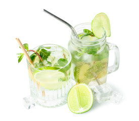 Glass and mason jar of tasty mojito isolated on white background
