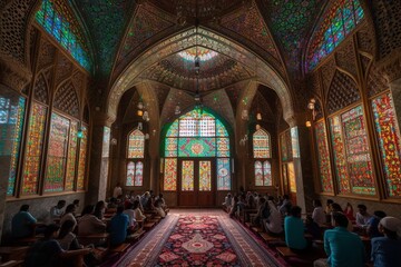 Fototapeta na wymiar Stunning Mosque with Intricate Geometric Patterns and Vibrant Colors Celebrating Eid Created with Generative AI