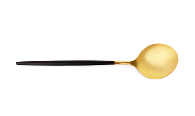 Golden spoon with black handle on white background